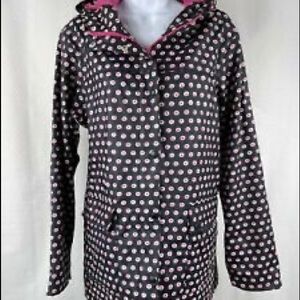 navy blue pink polka dotted raincoat